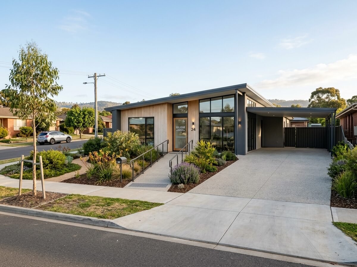 Street-facing exterior of a newly built accessible home with ramp access