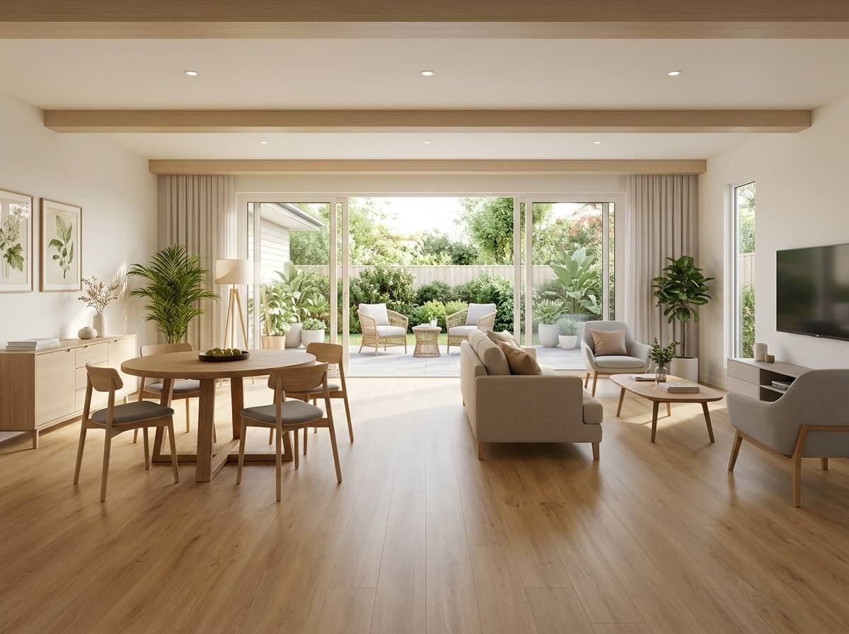 Open-plan accessible living and dining area opening onto a private garden