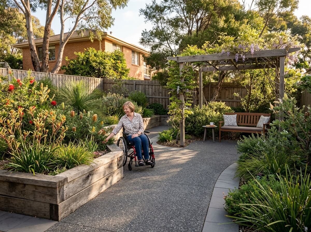 Private landscaped garden with level wide pathways and raised garden beds