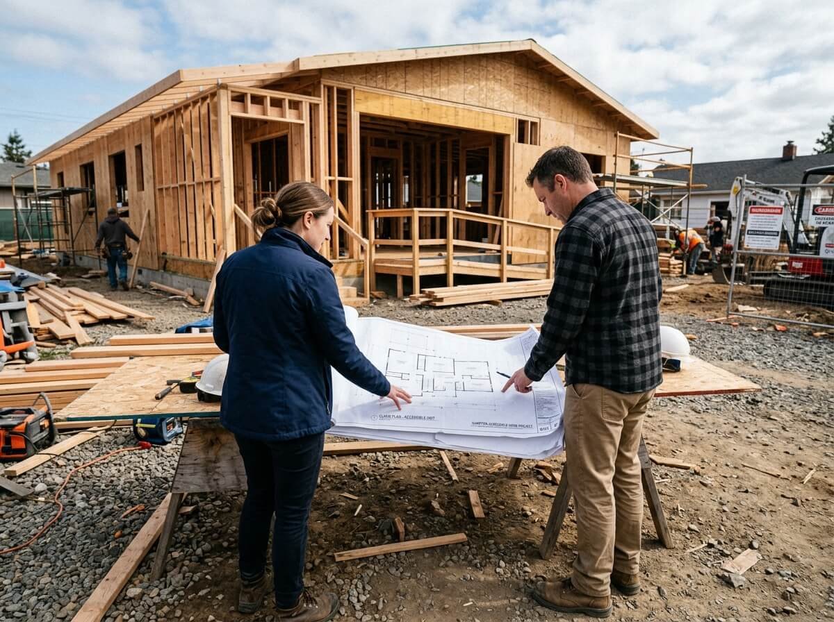 Two team members reviewing accessible home plans on a construction site